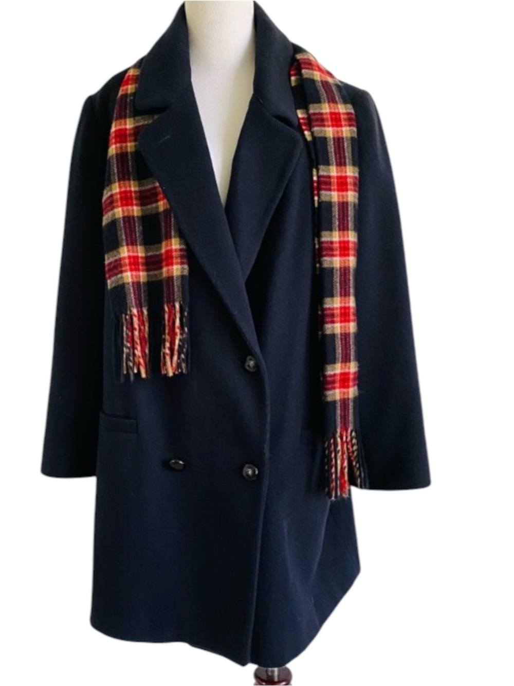 Vintage Wool Coat Black 18 Winter Red Plaid Scarf Size 18 Forecaster of Boston